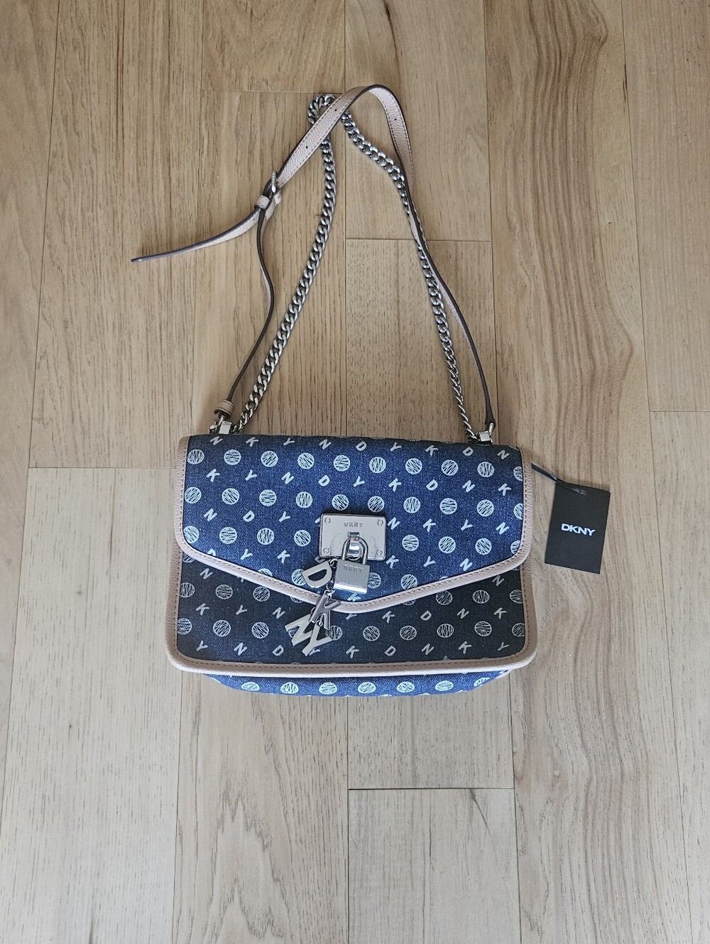 DKNY Blue and Black Logo Shoulder Bag with Chain Strap